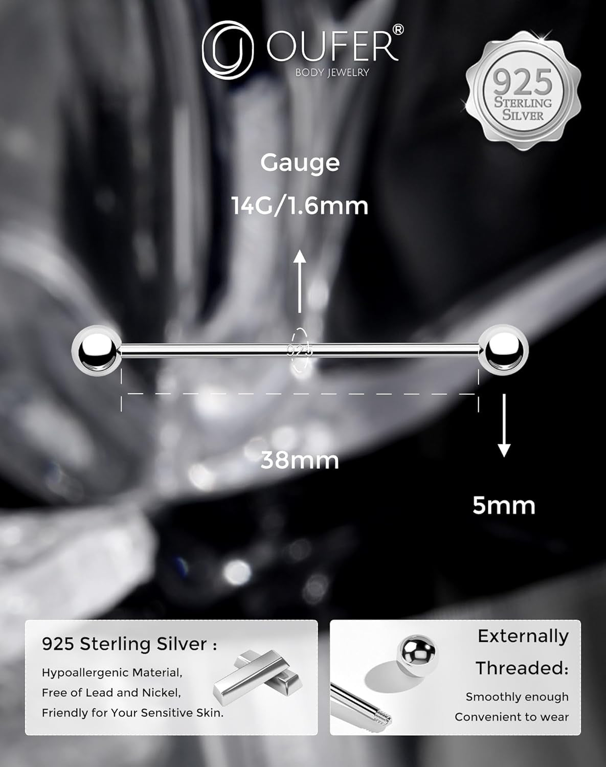 OUFER Industrial Piercing Jewelry, 925 Sterling Silver Industrial Bar Jewelry, 14G Industrial Jewelry, Industrial Barbells, Industrial Earrings for Women Men