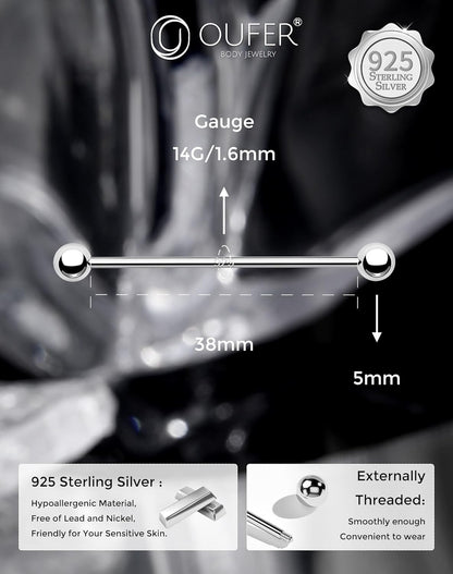 OUFER Industrial Piercing Jewelry, 925 Sterling Silver Industrial Bar Jewelry, 14G Industrial Jewelry, Industrial Barbells, Industrial Earrings for Women Men