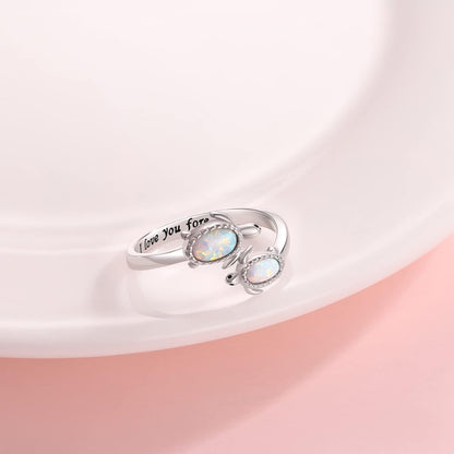 925-Sterling-Silver Opal/Turquoise Sea Turtle/Dolphin/Sea Life Ring - Inspirational I Love You Forever Adjustable Open Nature Ocean Mother Daughter Ring Cute Animal Jewelry Gifts for Women