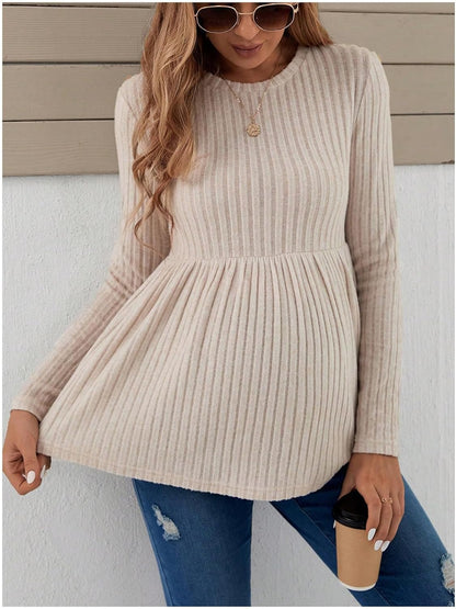 Women'S Maternity Tee Shirt Long Sleeve Ruffle Hem Shirts Ribbed Knit round Neck Peplum Pregnancy Tops Khaki Large