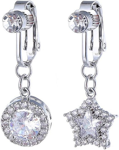 2Pcs CZ round Star Fake Belly Button Rings for Women Surgical Steel Clip on Non-Piercing Fake Navel Rings Sparkling Crystal Fake Belly Jewelry