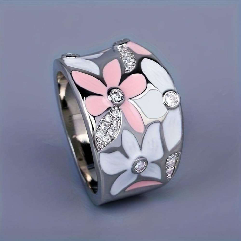 Wide white flower ring design close-up elegant jewelry