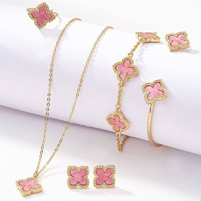 6Pcs/Set Lucky Clover Earring Necklace Bracelet Ring Set for Women Gold Plated Four-Leaf Pendent Link Chain Necklace Fashion Jewelry Set Valentine'S Day Gift