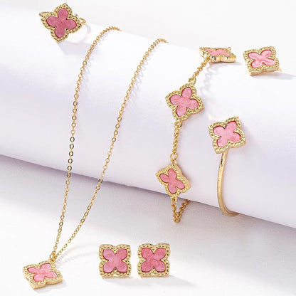 6Pcs/Set Lucky Clover Earring Necklace Bracelet Ring Set for Women Gold Plated Four-Leaf Pendent Link Chain Necklace Fashion Jewelry Set Valentine'S Day Gift