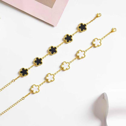 18K Gold Plated Clover Bracelet Set for Women,White Black Fashion Four Leaf Clover Lucky Bracelets,Trendy Link Bracelets Set Jewelry Gifts for Women