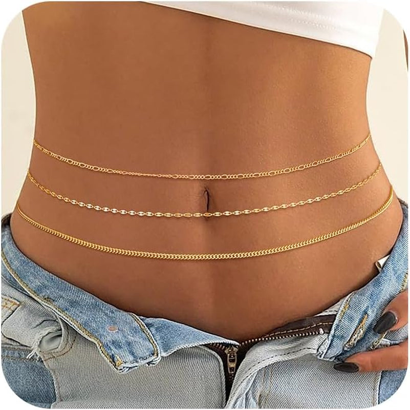 CHESKY 14K Gold Plated Silver Plated Waist Chain for Women, Layered Belly Belt Chains Beach Waist Beads Chain Waterproof Snake Cuban Body Chain Summer Jewelry Accessories for Women