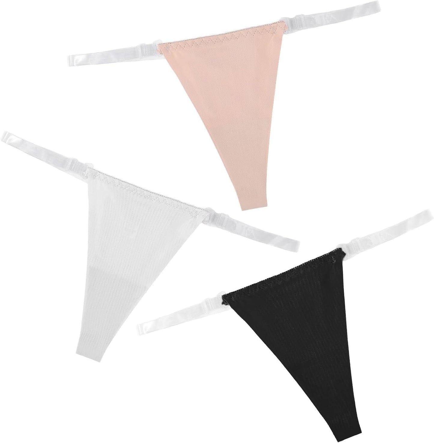 Three pair cotton blend seamless thongs with transparent straps