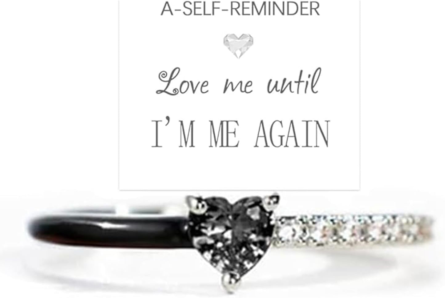 Love Me until I'M Me Again Black Heart-Cut Half Enamel Ring, S925 Sterling Silver Heart Rings Self-Love Ring Gift, Heart Rings Birthday Gifts for Women, Daughter, Wife, Friends