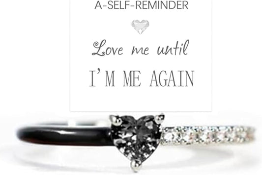 Love Me until I'M Me Again Black Heart-Cut Half Enamel Ring, S925 Sterling Silver Heart Rings Self-Love Ring Gift, Heart Rings Birthday Gifts for Women, Daughter, Wife, Friends
