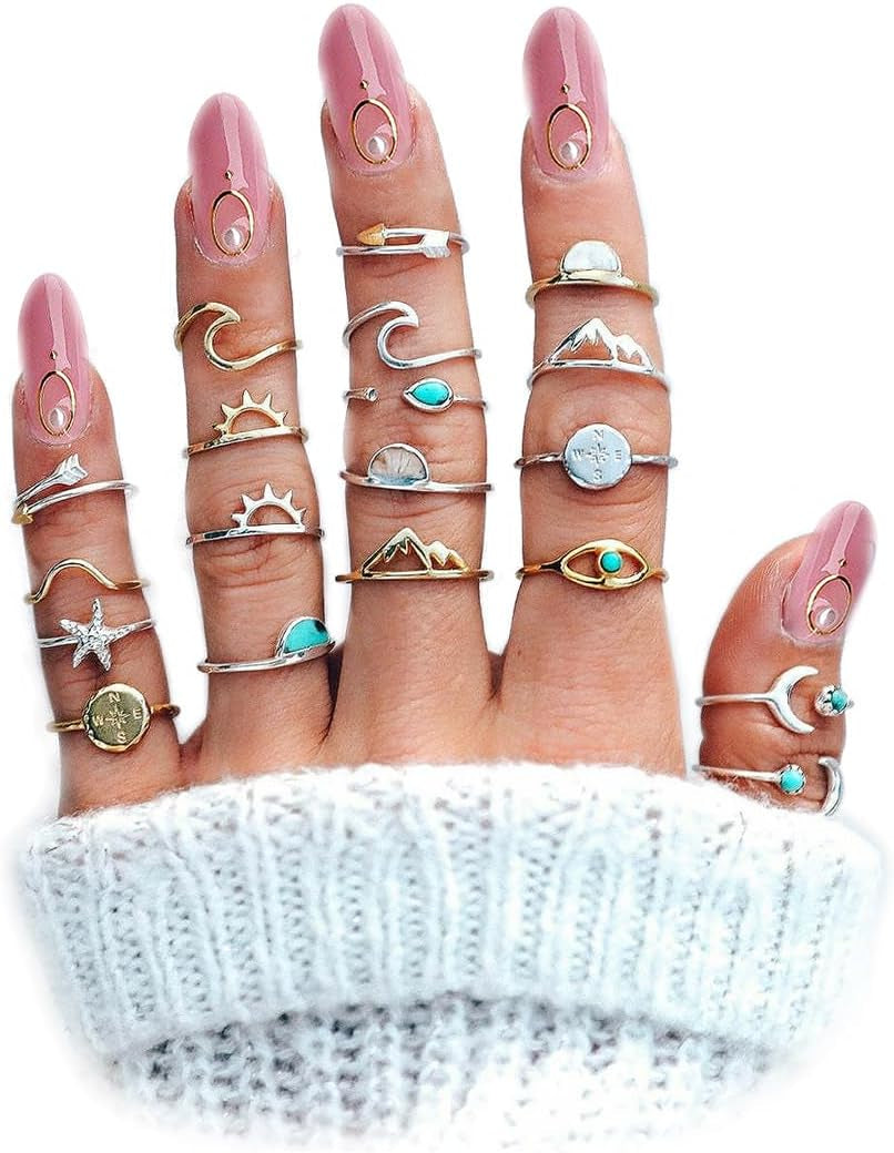 FUTIMELY Boho Retro Stackable Rings Sets for Women Knuckle Joint Finger Knuckle Nail Ring Sets Moon Stars Stack Preppy Statement Rings Cute Trendy Stuff Jewelry