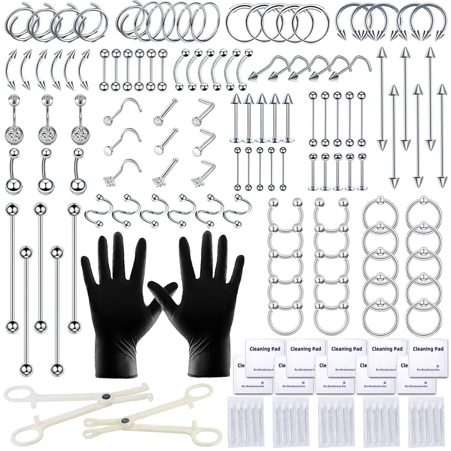 153Pcs Piercing Kit: 12G, 14G, 16G, 20G Needles & 316L Stainless Steel Jewelry for Nose, Belly, Lip, Ear & More