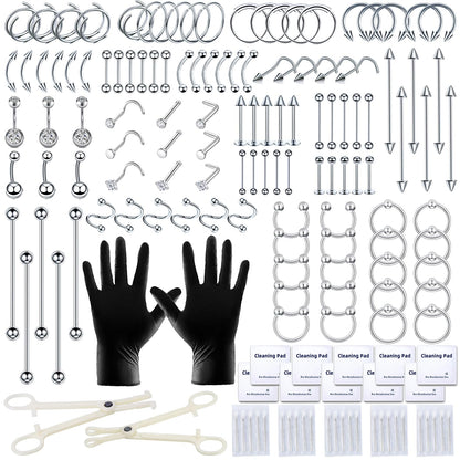 153Pcs Piercing Kit: 12G, 14G, 16G, 20G Needles & 316L Stainless Steel Jewelry for Nose, Belly, Lip, Ear & More