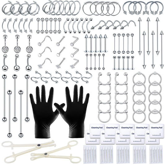 153Pcs Piercing Kit: 12G, 14G, 16G, 20G Needles & 316L Stainless Steel Jewelry for Nose, Belly, Lip, Ear & More