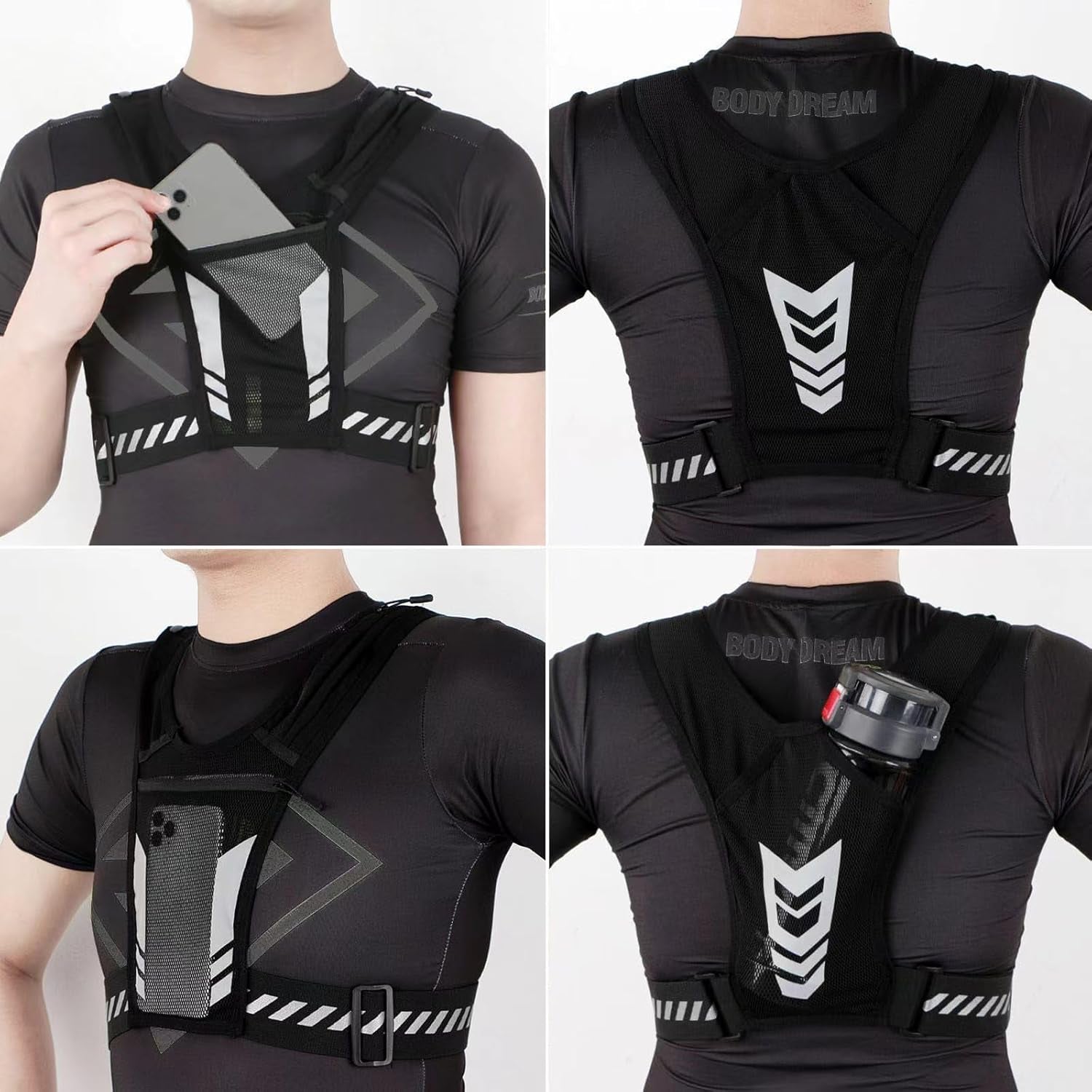 Close-up of reflective strips and pockets on lightweight running vest