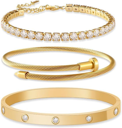 Junvirtuous 3-Pack Gold Bracelets for Women,18K Gold Plated Bangle Tennis Bracelets Stack Set for Women Trendy Non Tarnish Stainless Steel Gold Bangles Accessories Designer Jewelry Pulseras Para Mujer