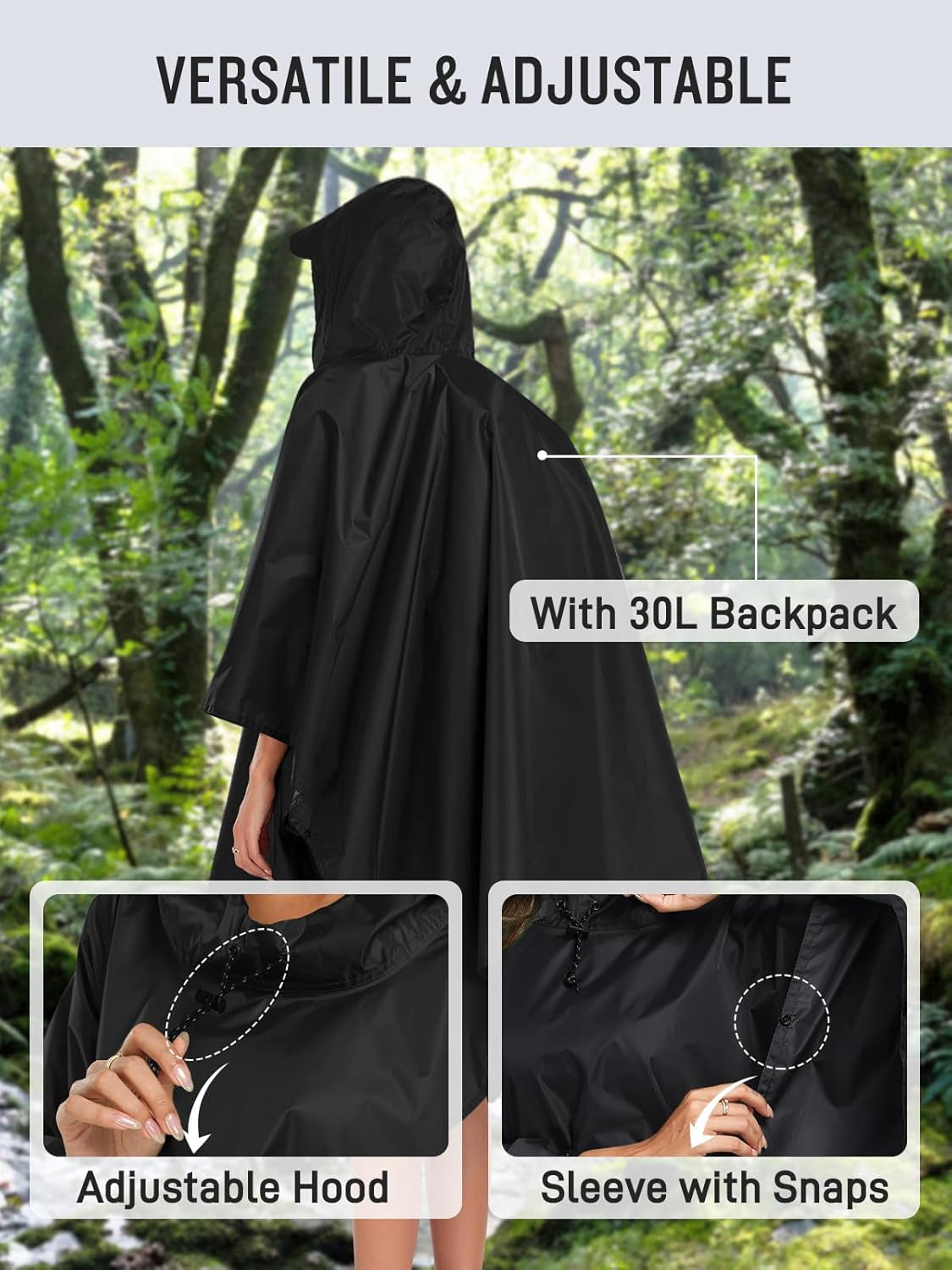 Front view of Saphirose hooded rain poncho jacket