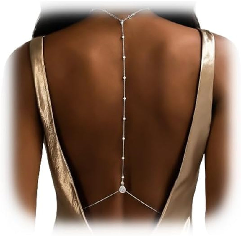 Rhinestone Back Necklace for Backless Dress - Bridal Wedding Pearl Backdrop Jewelry Crystal Long Body Chain Simple Waist Chain for Women
