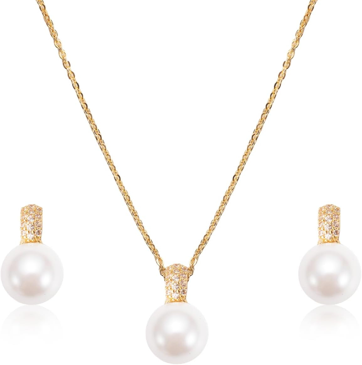 Classic Pearl Jewelry Set for Women – Elegant Pearl Necklace and Earrings Set with 14K Gold Plated Silver Chain Jewelry Perfect as Special Occasion Gift