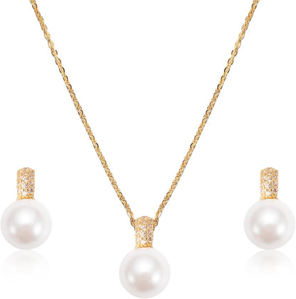 Classic Pearl Jewelry Set for Women – Elegant Pearl Necklace and Earrings Set with 14K Gold Plated Silver Chain Jewelry Perfect as Special Occasion Gift
