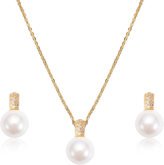 Classic Pearl Jewelry Set for Women – Elegant Pearl Necklace and Earrings Set with 14K Gold Plated Silver Chain Jewelry Perfect as Special Occasion Gift