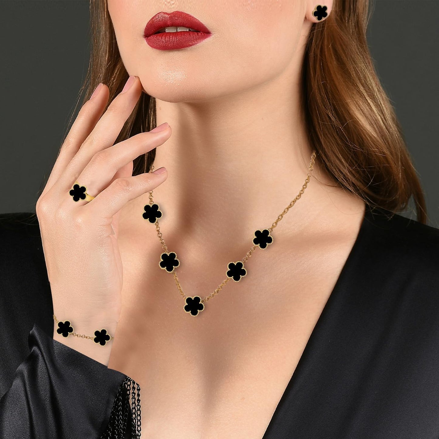 18K Gold Plated Clover Necklace Five Leaf Clover Bracelet Pendant Ring Earrings Set Fashion Flower Jewelry for Women Gifts