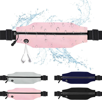 Slim running belt adjusted on woman's waist during fitness workout