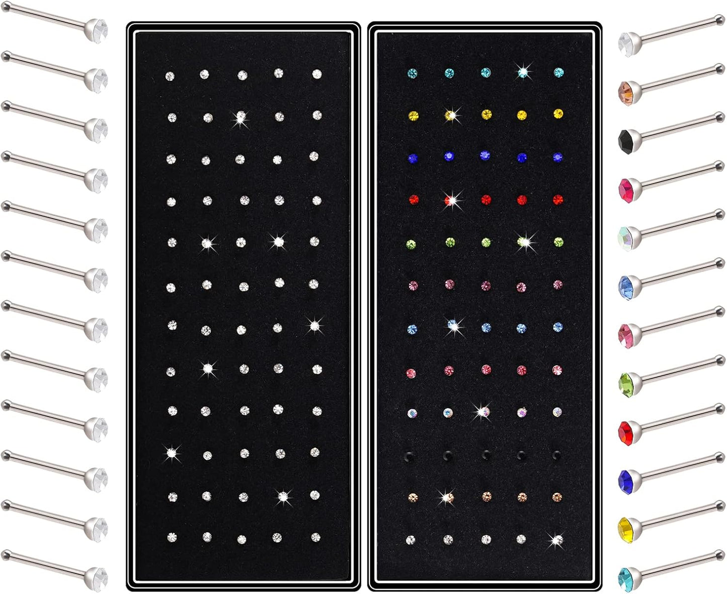 2 Sets 120 Pcs Stainless Steel Nose Ring Body Piercing Jewelry Nose Bone Stud Nose Hoop Crystal Hypoallergenic White+Multicolor