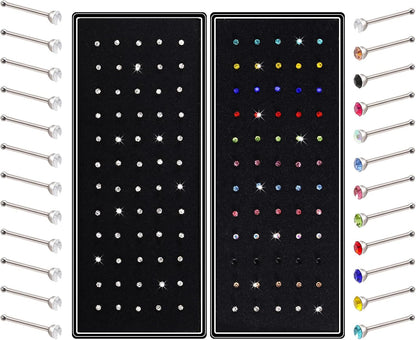 2 Sets 120 Pcs Stainless Steel Nose Ring Body Piercing Jewelry Nose Bone Stud Nose Hoop Crystal Hypoallergenic White+Multicolor
