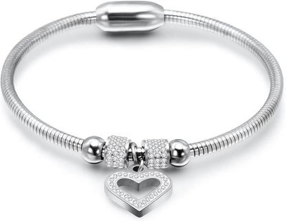 Kunbead Heart Charm Birthday Bracelet Stainless Steel Love Bangle Cuff Jewelry Bracelets for Women