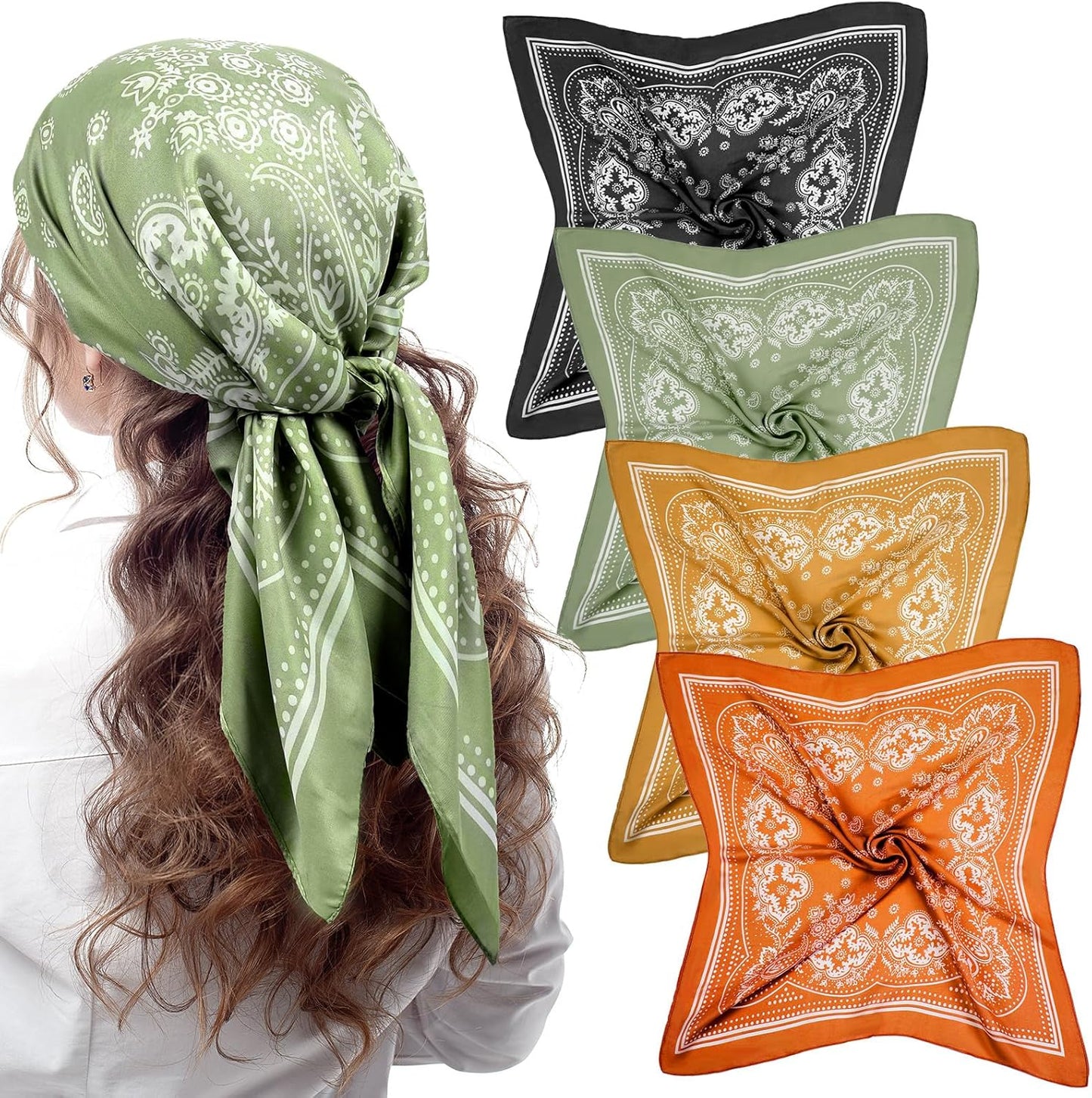 Syhood 4 Pcs 27'' Square Satin Head Scarves Satin Bandanas for Women Halloween Headband Silk Feeling Scarves Boho Headwear