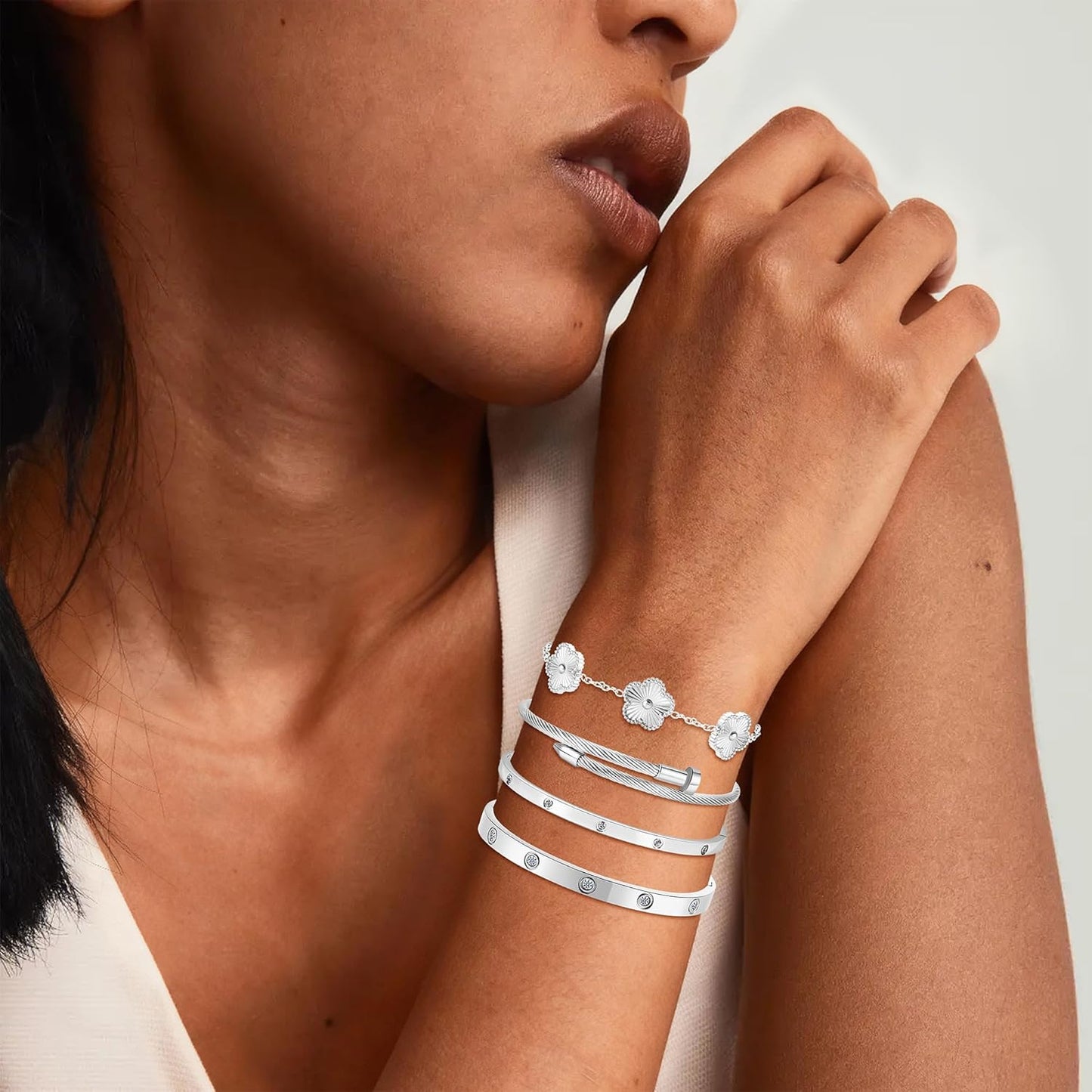 18K Gold Bracelets for Women - Stackable Clover & Nail Love Bangle Set - Non-Tarnish Stainless Steel Jewelry Gift for Valentine'S, Mother'S Day & Christmas