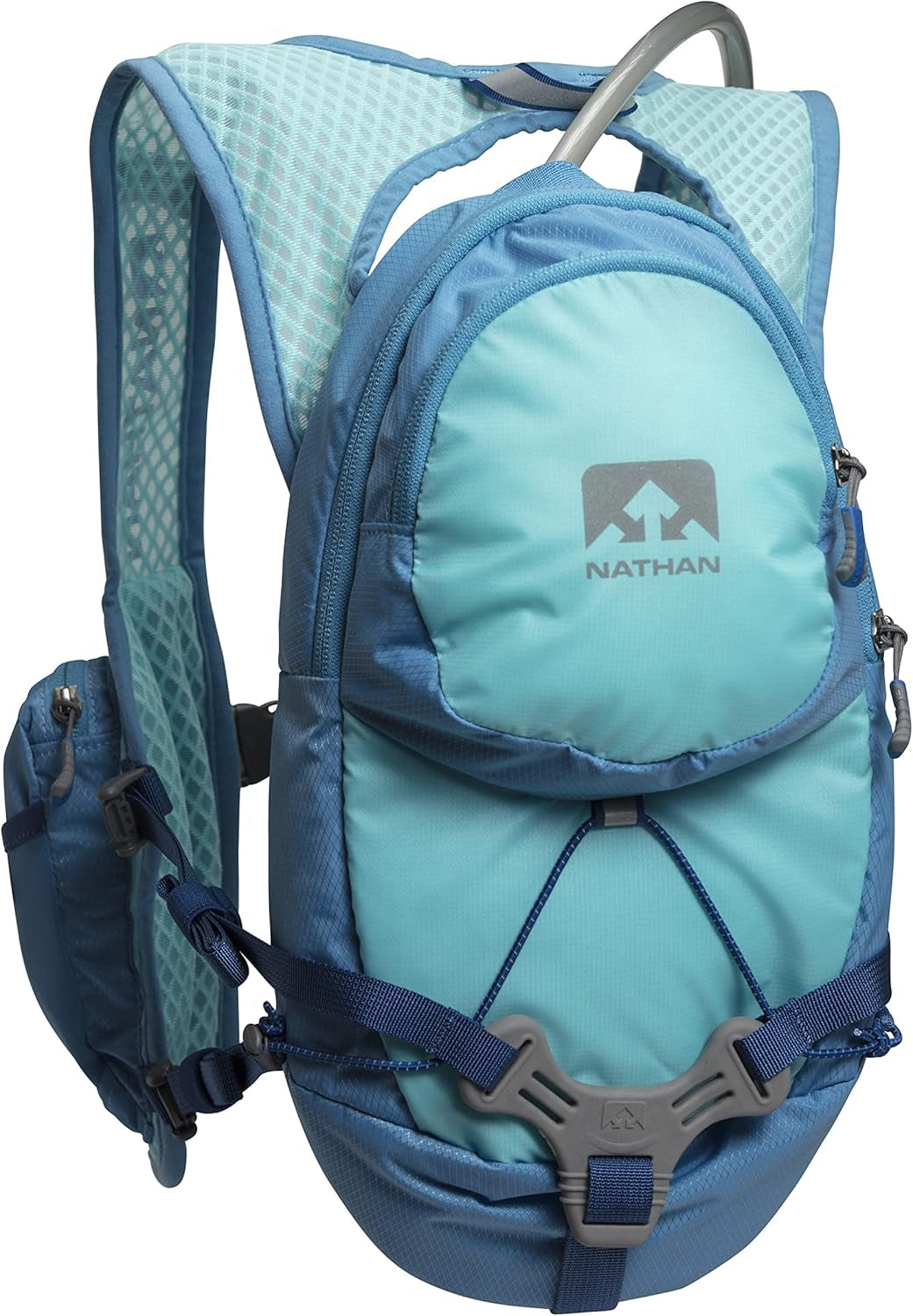Woman wearing Nathan hydration running vest with 2 liter water bladder