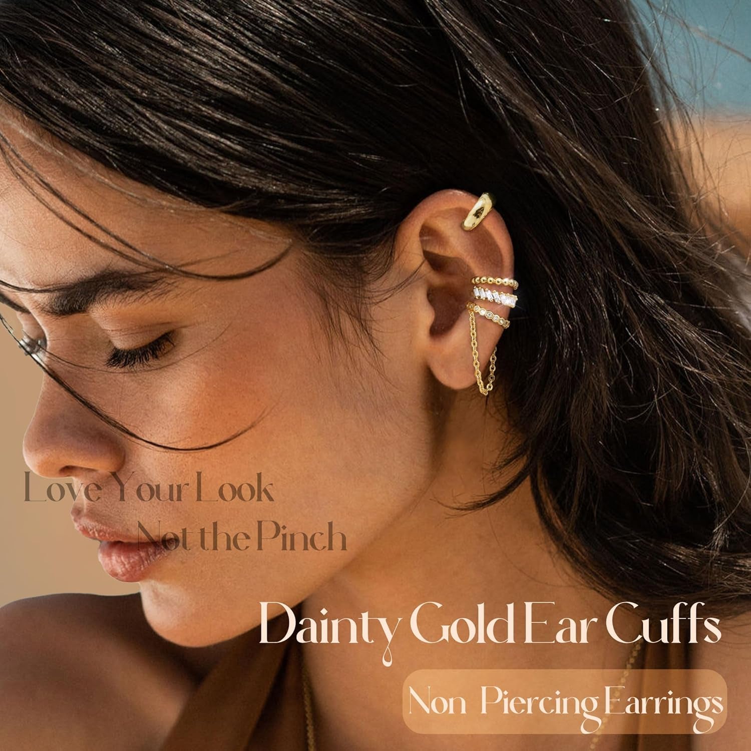 Florideco 4Pcs Ear Cuffs Non-Piercing for Women Dainty 14K Gold Plated Clip on Cartilage Earrings Hypoallergenic Huggie Hoop Cuffs Fake Earings for Non Pierced Ears