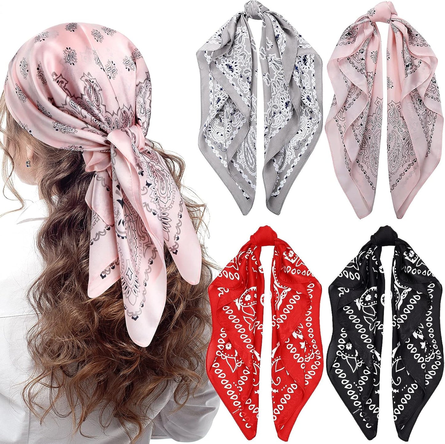 Syhood 4 Pcs 27'' Square Satin Head Scarves Satin Bandanas for Women Halloween Headband Silk Feeling Scarves Boho Headwear