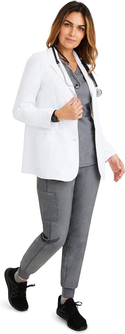 Side view of women's lab coat showing relaxed fit and medium length