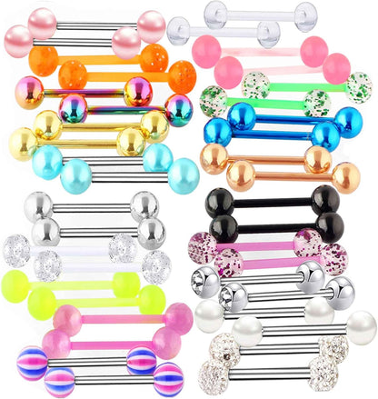 Suotarn 40Pcs 14G Tongue Rings for Women Stainless Steel Straight Tongue Barbell UV Acrylic Plastic Tongue Piercing Jewelry Nipple Piercings 5/8" Glow in Dark Flexible Retainer Body Jewelry for Men
