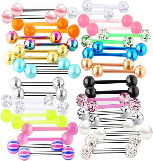 Suotarn 40Pcs 14G Tongue Rings for Women Stainless Steel Straight Tongue Barbell UV Acrylic Plastic Tongue Piercing Jewelry Nipple Piercings 5/8" Glow in Dark Flexible Retainer Body Jewelry for Men