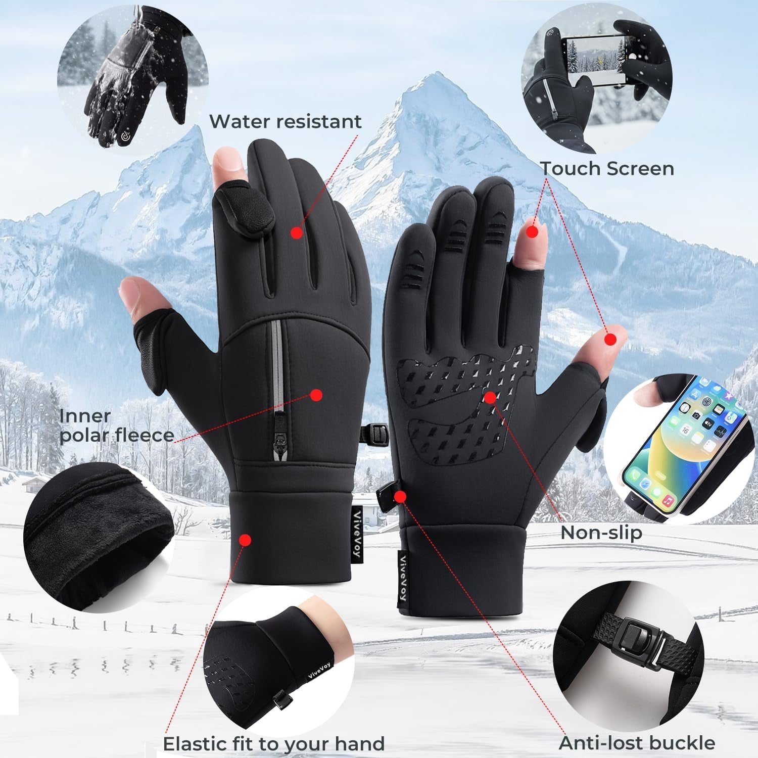 Man in cold weather wearing fingerless touch screen gloves