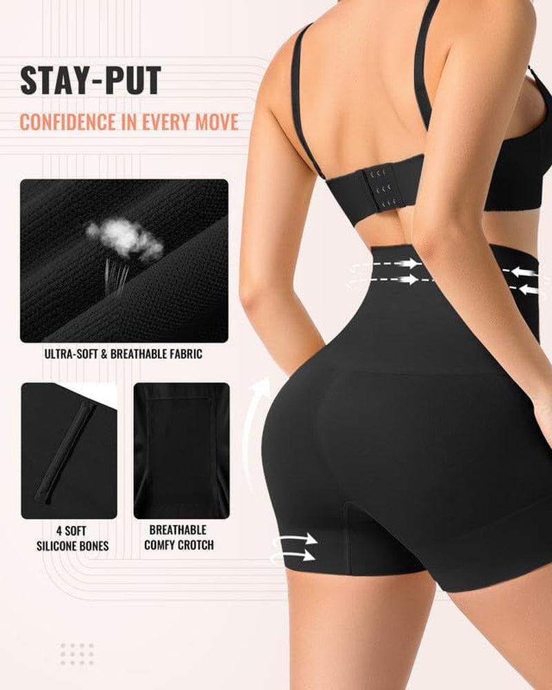 Woman in butt lifting shapewear shorts demonstrating smooth silhouette