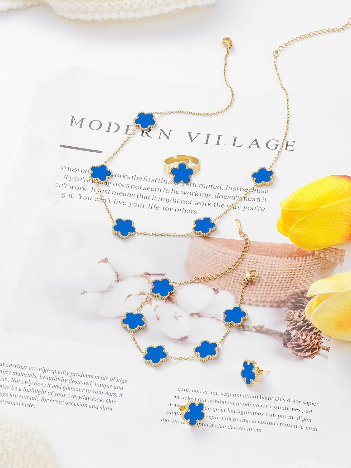 Gold Plated Five Leaf Clover Necklace Bracelet Rings and Stud Earrings Set for Women Lucky Flower Jewelry