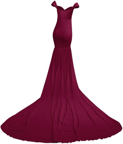 Women Maternity Dress for Photography Mermaid off Shoulder Slim Fitted Chiffon Gown Flowy Baby Shower Maxi Photo Props Dress