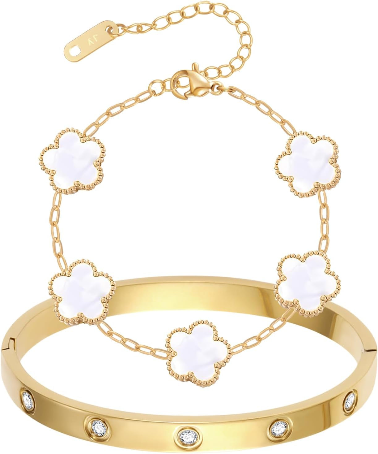 2Pcs Clover Bracelet Set for Women 18K Gold Plated Four Leaf Clover Bracelet Love Bangle Bracelet Stack Lucky Bracelets Gold Link Bracelets Trendy Jewelry Gift for Women Birthday Christmas