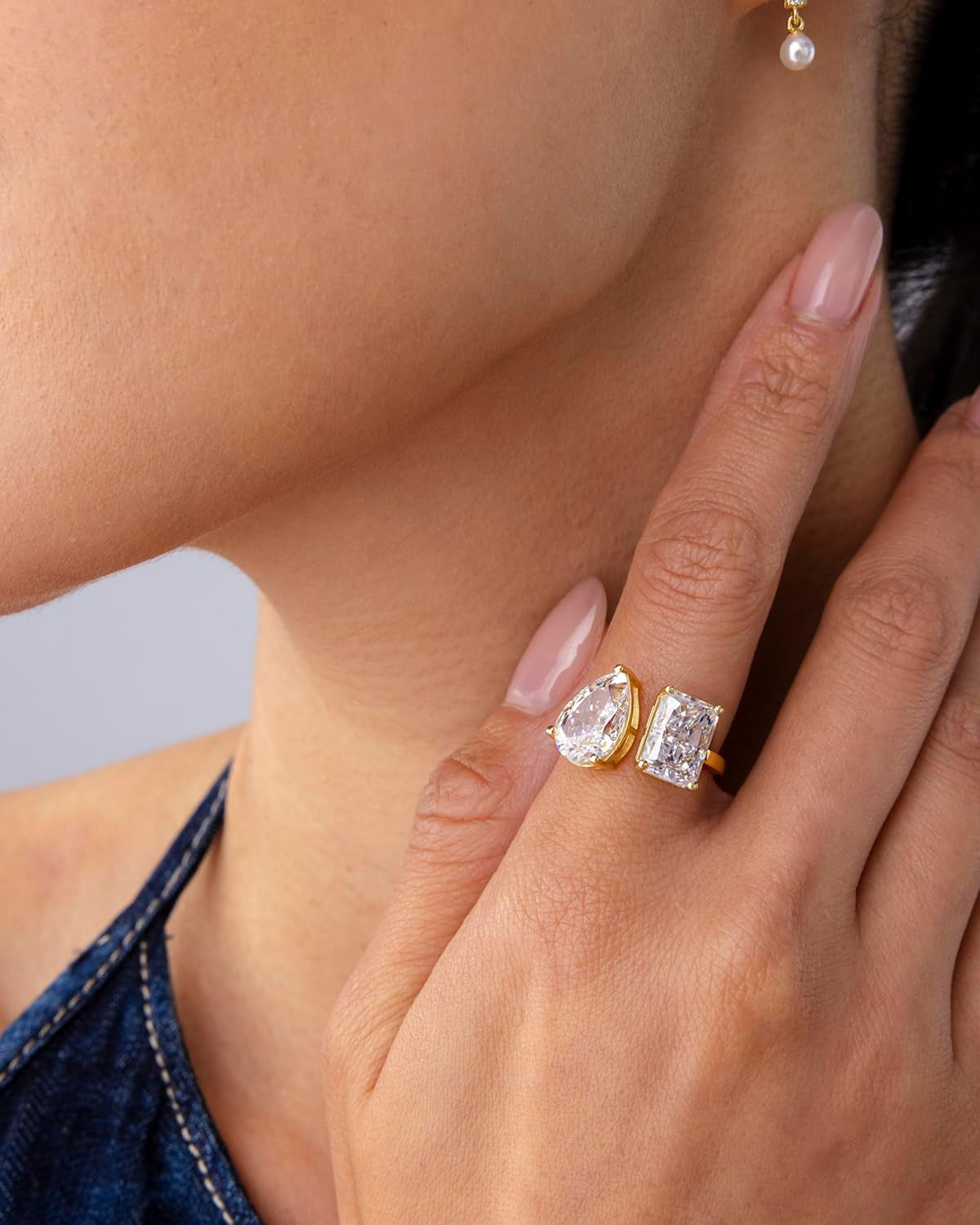 PAVOI 14K Gold Plated Toi Et Moi Radiant-Cut Pear-Shaped Cubic Zirconia Fake Wedding Engagement Ring for Women - Statement Promise Ring