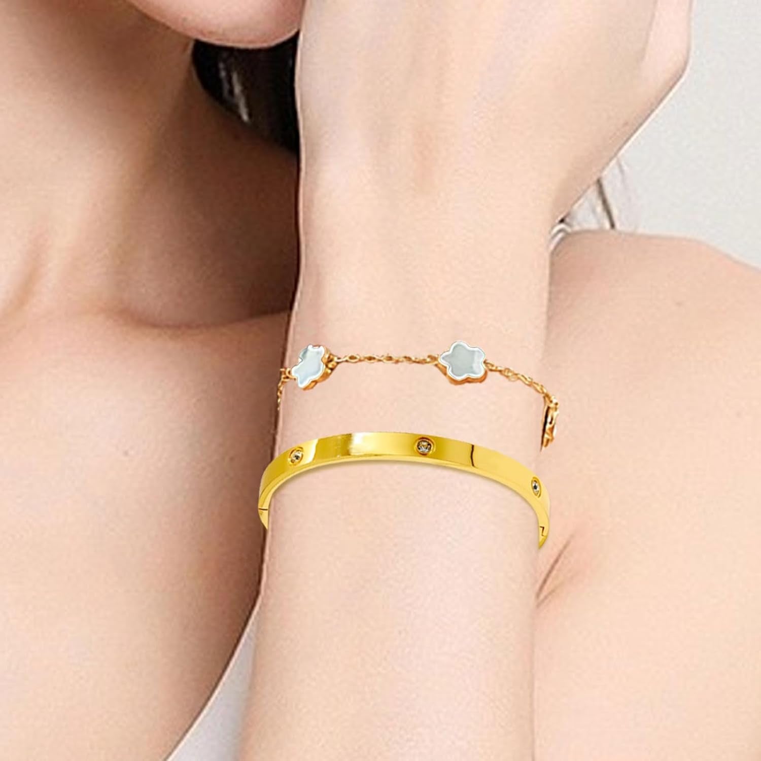 3 Pcs Four-Leaf Clover Jewelry for Women, 18K Gold Plated Stainless Steel Necklace, Bracelet Set, Gold Bracelet Cubic Zirconia Bangle, Clover Jewellery Set for Mother'S Day, Valentine'S Day