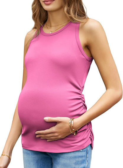 Women'S Maternity Tank Tops Summer Sleeveless Crew Neck Ribbed Knit Slim Fitted Blouse Side Ruched Pregnancy Shirts