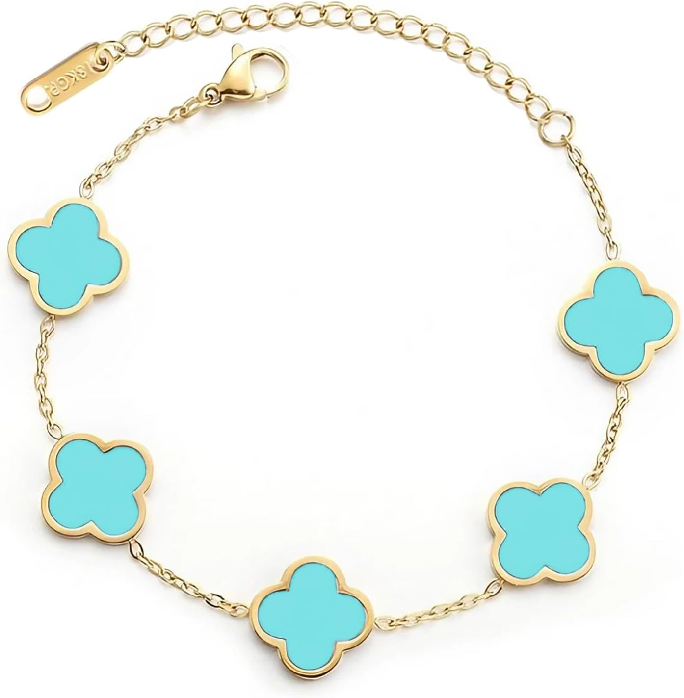 Double Sided 18K Gold Plated Clover Bracelet for Women, Dupe Four Leaf Flower Lucky Chain Bangle, Cute Jewelry Gift for Her Mom Wife