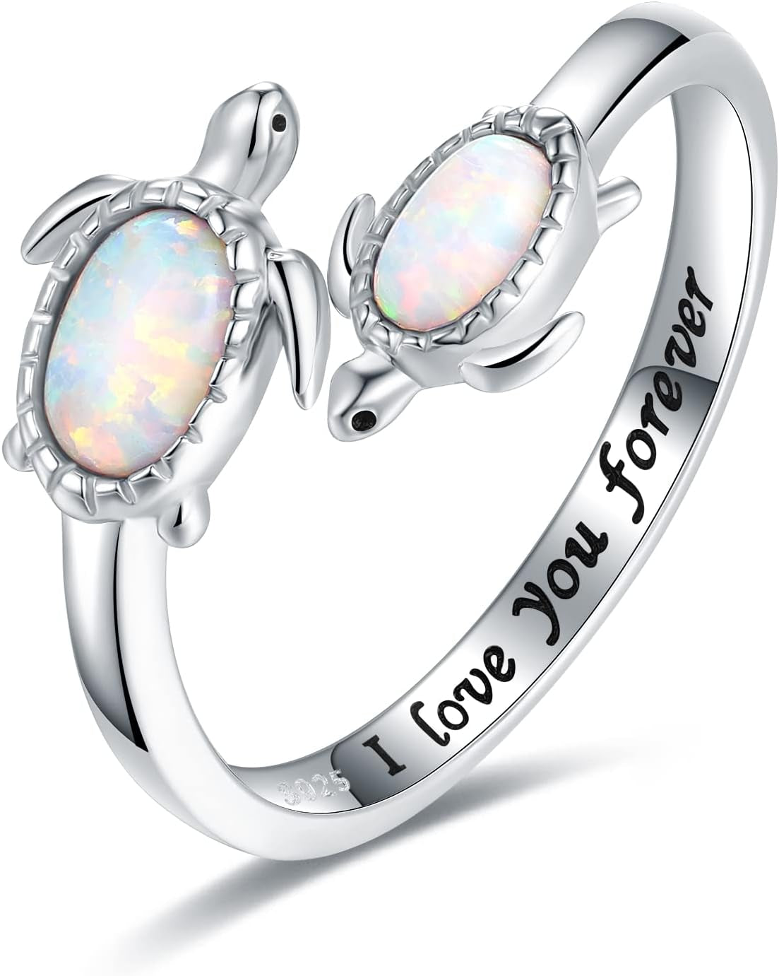 925-Sterling-Silver Opal/Turquoise Sea Turtle/Dolphin/Sea Life Ring - Inspirational I Love You Forever Adjustable Open Nature Ocean Mother Daughter Ring Cute Animal Jewelry Gifts for Women