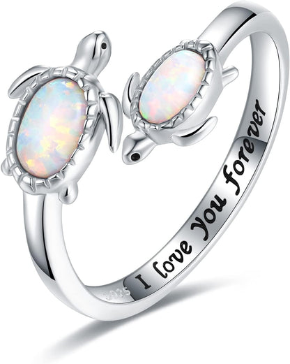 925-Sterling-Silver Opal/Turquoise Sea Turtle/Dolphin/Sea Life Ring - Inspirational I Love You Forever Adjustable Open Nature Ocean Mother Daughter Ring Cute Animal Jewelry Gifts for Women