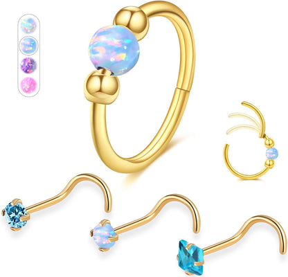 Opal Nose Ring Studs Horseshoe Nose Rings Hoops Stud 316L Stainless Steel Nose Rings round CZ Square Screw L Shaped Nose Stud Hypoallergenic Nostril Piercing Jewelry for Women Men