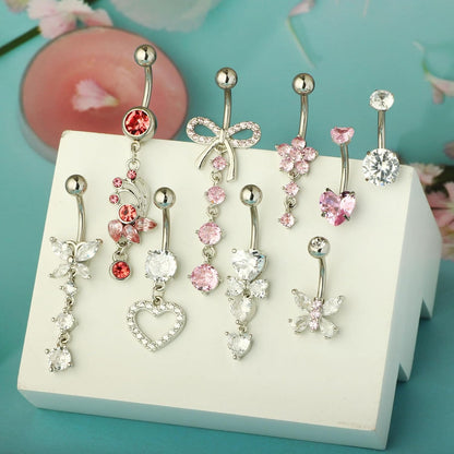 Suotarn 14G Belly Button Ring Dangle Belly Rings Surgical Stainless Steel Cute Bow Butterfly Heart Flower Dangling Belly Button Piercing Jewelry for Women Silver Dainty Dangly Navel Ring
